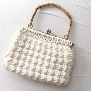Vintage Crochet Macrame Handbag 1950s Silk-lined Bamboo Handle Kiss Lock Purse